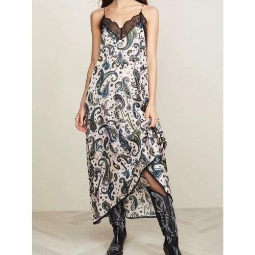 Women Dress 100% Viscose Cashew Printed Halter Dress Summer Holiday Dress Lace French Romantic Paisley Print Midi Dress