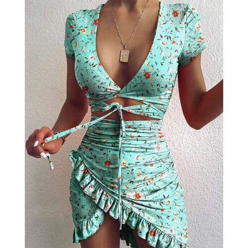 ZLDRESS Floral Print Fashion Tie Up Wrap Mini Dress 2021 Summer Holiday Ruffles Sundress Ruched Womens Dress Short Sleeve