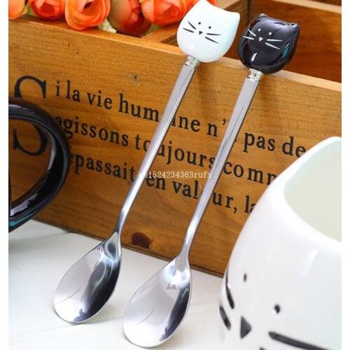 100pcs Stainless Steel Spoons With Ceramic Cat Handle Cartoon Cat Spoon Long Coffee Stirring Spoon