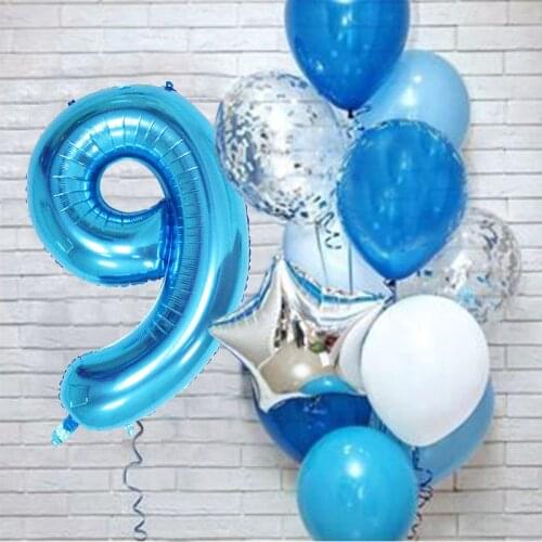 12pcs Birthday Foil Number Balloons Decorations Blue Latex Ballons Confetti Mixed Birthday Party Helium Globos Balls Decoaations