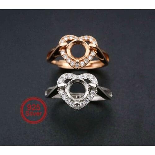 6.5MM Round Bezel Heart Shape Rose Gold Plated Solid 925 Sterling Silver DIY Adjustable Prong Ring Settings Blank 1210059