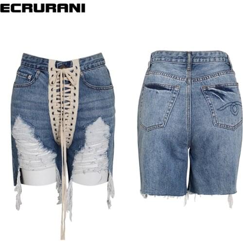 ECRURANI Denim Patchwork Short Pants For Women High Waist Lace Up Asymmetric Designer Shorts Females Fashion Clothing 2021 Style