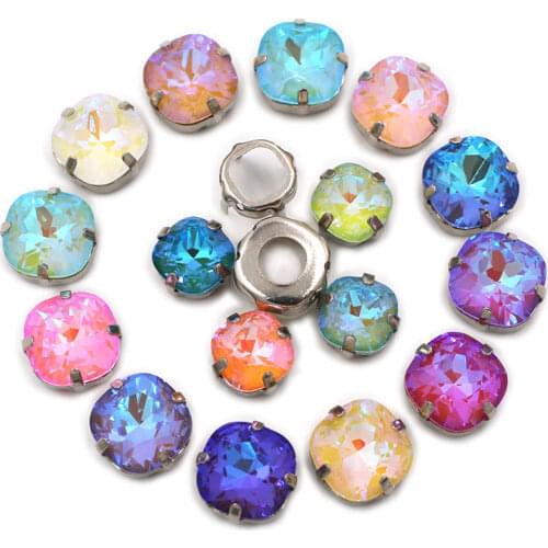 12mm Fat Square shape Mocha fluorescence Glass Crystal sewing sliver hollow base claw setting flatback rhinestones for clothing