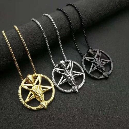Satanic Goat Necklace Pentagram Pendant Devil Occult Satanism Lucifer Demon Necklaces for Men Him Jewelry 24Inch