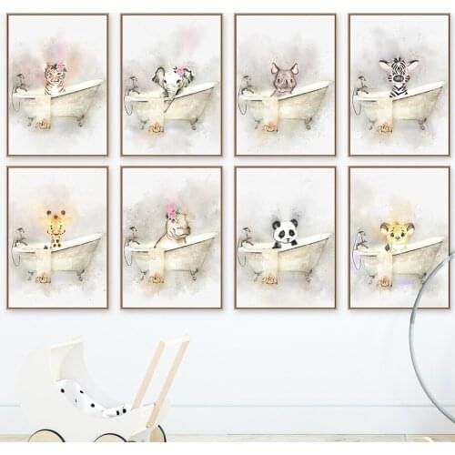 Watercolor Elephant Zebra Panda Lion Bathtub Wall Art Canvas Painting Nordic Posters And Prints Wall Pictures Kids Room Decor