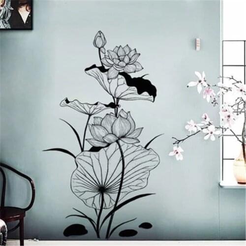 Wall Sticker Living Room Chinese Geomantic Ink Lotus Stickers Hand-painted Room Decoration Teenager Girls Decorative Vinyls