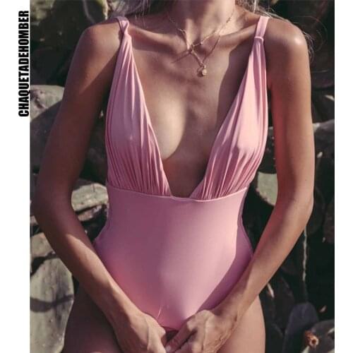 One Piece Swimsuits Deep V Push Up Swimwear Women Cut Out Monokini Pink High Cut Bodysuits Sexy Backless Bathers 2021 New Bikini