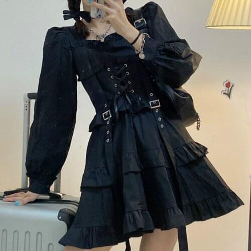 Victorian Renaissance Black Gothic Lolita Dress Japanese Girl Vintage Punk Style Puff Sleeve Bandage Mini Dress Women Dresses