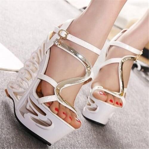 New Sexy Ankle Buckle Peep toe Sandals Summer Women Fashion Novelty 15cm High Heels Hollow out Platform Nightclub Party Shoes