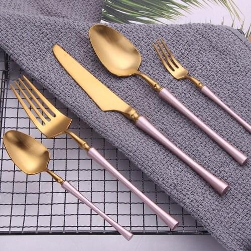 Steel Cutlery Set Pink Gold Tableware Round Handle Dinnerware Fork Spoon Knife Set Flatware Golden Cutlery Tea Fork Dropshipping
