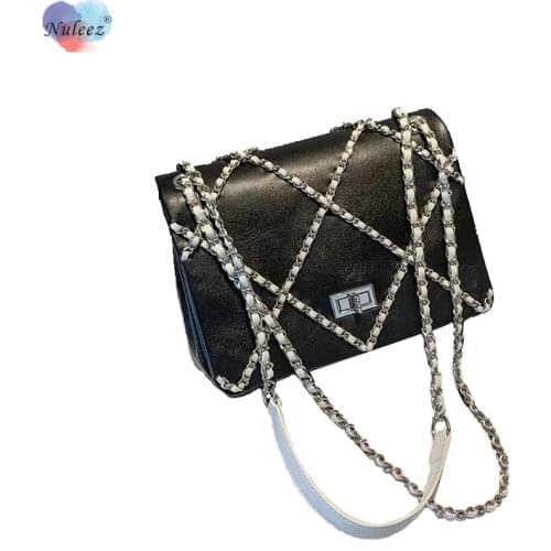 Classical Gold Chains and Leather Cross Cowhide Flap Bag Women New Fashion Designed Black Or White Cross-Body Purse Ladies Gifts