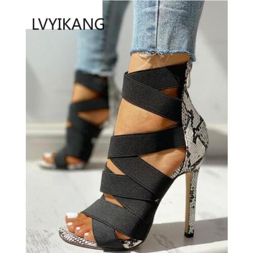 Sandalias Mujer 2020 Womens Ladies Pumps Fashion Bandage Patchwork Mixed Colors Snake High Heels Sandals Casual Shoes size37~43