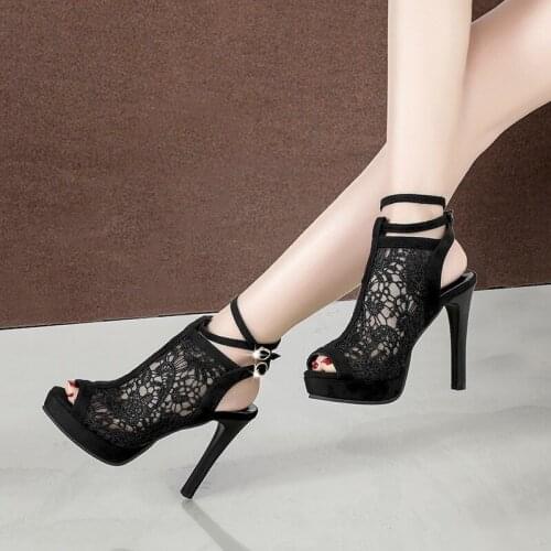 Ladies high heels summer Fish lace open toe sexy lace cutout Fashion Ankle Buckle Elegant banquet Womens Pumps Shoes U28-12