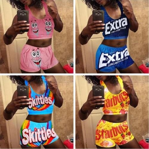 Womens Candy Casual Sports Outfit Pattern Printed Suspender Trousers Two-Piece Lounge Wear Shorts Pants Set Tracksuits Womens