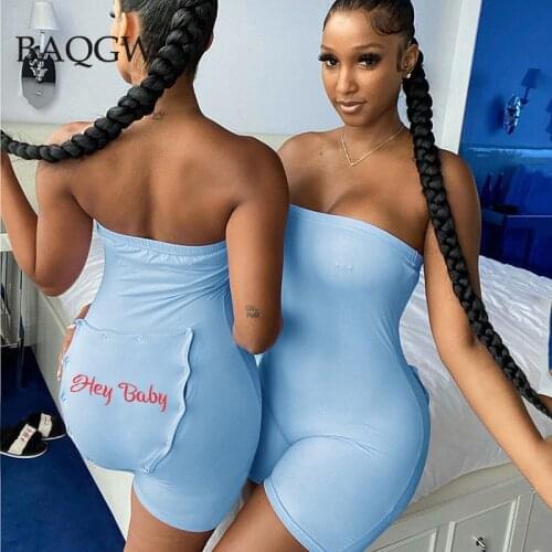 BaQGW Playsuit Woman Strapless Sleeveless Hip Button Letter Embroidery Rompers Women Casual Stretch Summer Sexy Slim Bodycon