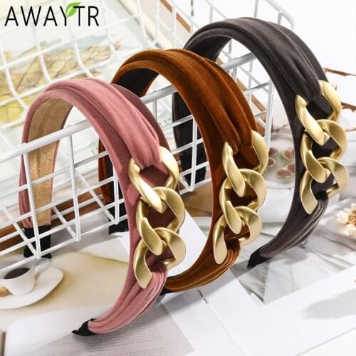 AWAYTR Fashion Chain Headband for Women Wide Hairbands Velvet Bow Girls Solid Color Hair Hoop Bezel Headdress Hair Accessories