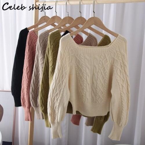SHIJIA Khaki Wool Woman Sweater Autumn 2021 Fashion Korean Square Neck Elegant Knit Pullover Fall Warm Long Sleeve Jumper Female
