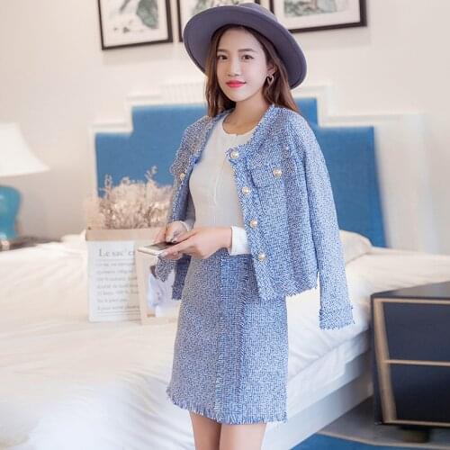Female Tweed suits Womens suits Set New Vintage Elegant Temperament OL Package hip skirt Sexy Tweed Elegant Skirt Set