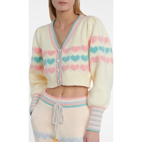 Runway Apricot Cardigan Women 2021 Luxury Cropped Cardigan Chic V Neck Single Breasted Heart Knitted Cardigan Short Sweater Coat