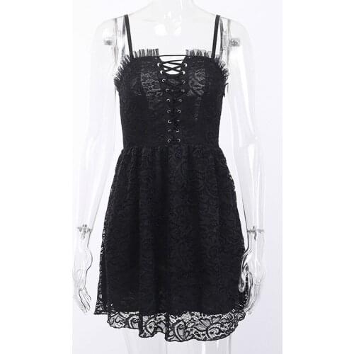 Women Lace Sexy Mini Dress Black Sleeveless Bodycon Dress Femme Ruched Tie Up Spaghetti Strap Dress Summer