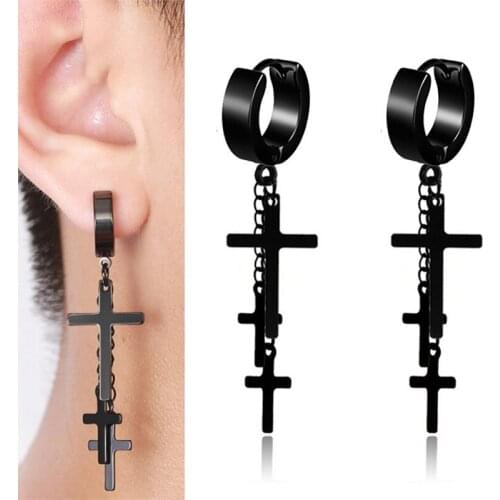 1pc Women Men Punk Earrings Cross Pendant Dangle Long Drop Chain Tassel Titanium Steel Jewelry Charms Brincos Hanging