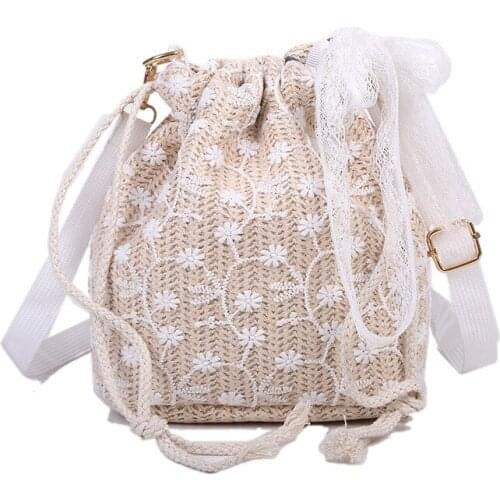 2021 Summer Silk Scarf Straw Bucket Bag Fresh Lace Flower Drawstring Messenger Bag Mobile Phone Beach Bags
