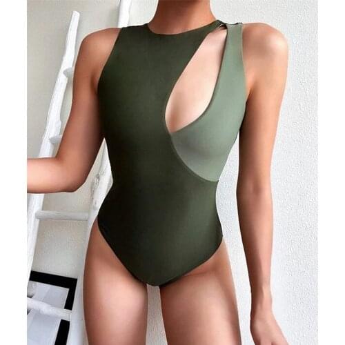 2021 Sexy Green One Piece Swimsuit Women Swimwear Bodysuit Swimsuit Female Cut Out Monokini Hollow Out Bathing Suits Beach Wear