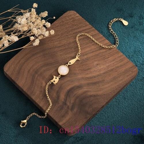 White Jade Cat Bracelet Chalcedony Amulet Women Fashion Natural Gemstone 925 Silver Jewelry Crystal Gifts Zircon Charm