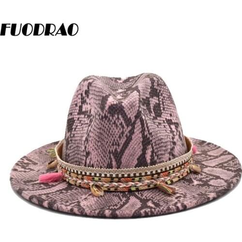 FUODRAO New Classic Women Fedoras Snake Print Wide Brim Fedora Hats Wool Autumn Winter Jazz Hats Vintage Panama Gamble Cap F47