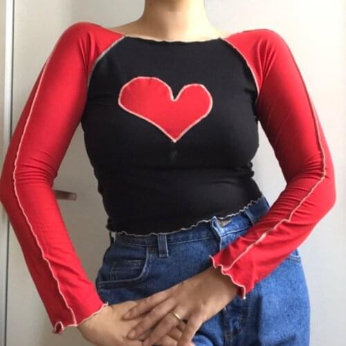 Dourbesty Y2K Heat Print Patchwork T-shirt Autumn Spring Long Sleeve Harajuku Slim Fit Crop Top 90s Vintage Pullovers Streetwear