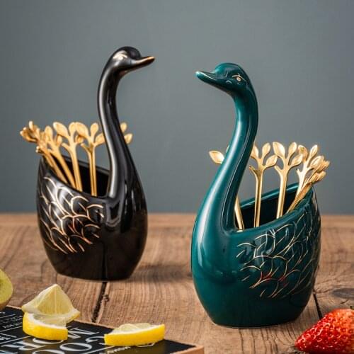 Ceramic Swan Fork Spoon Stand Holder Fruit Forks kitchen Set Cutlery Cake Dessert Fork Snack Fork Tableware Set MJ807