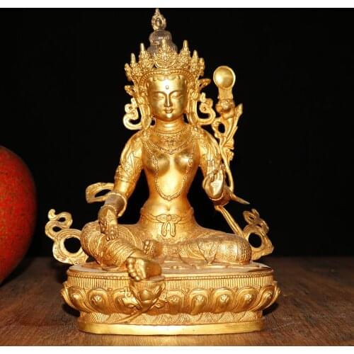 11"Chinese temple collection Old Bronze Gilt Green Tara Guanyin Bodhisattva Sitting Buddha Enshrine the Buddha