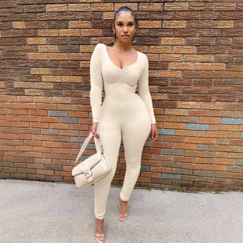 Women Ruched Skinny Jumpsuit V-neck Long Sleeve Rompers Sporty Body-shaping Outfits 2021 Autumn Casual Overalls Streetwear