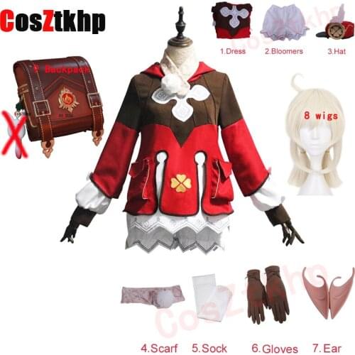 8PCS Game Genshin Impact Klee Cosplay Costume Set Wigs Shoes backpack Loli Party Outfit Uniform Women Halloween Carnival Costume