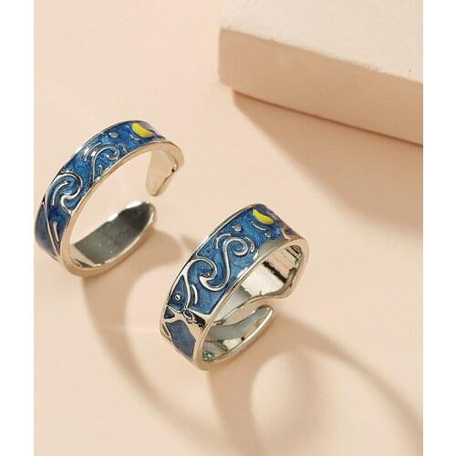 Creative Starry Sky Open Lover Fashion Matching Rings Romantic Men Women Jewelry Blue Drip Oil Moon Couples Rings Gift Wholesale