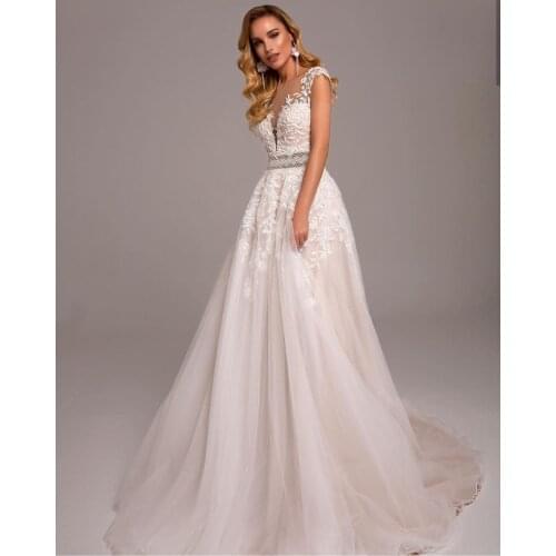 Wedding Dress V-Neck Lace Appliques A-line Sleeveless Floor Length Tulle Bridal Gowns Charming With Belt Sweep Train Charming