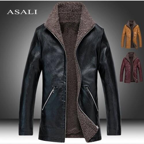 Mens Jacket Business Velvet Zipper PU Winter Warm Faux Leather Trench Coats Men Fleece Lined Parkas Overcoats Luxury Long Coats