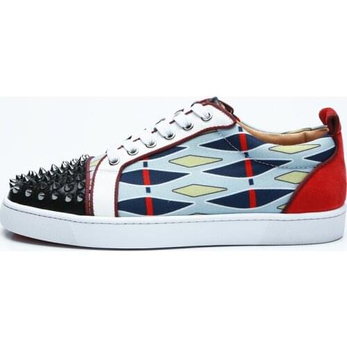 2018 Men Spike Shoes Low Top Geometric Shaped Lace-up Sneaker Round Toe Denim Cloth Sapatos Men Casual Shoes Plus Size EU39-47