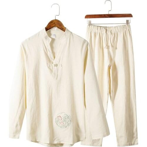 Men Set Casual Suit 2018 Mens Chinese Cotton Linen Black Shirts Male Fashions Straight Harem Pants Tracksuits 5XL