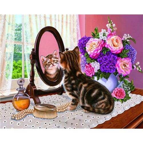 DIY Painting By Numbers Cat looking in the mirror Kit Oil Picture By Number Animal Wall Art Acrylic Canvas Painting Home Decor