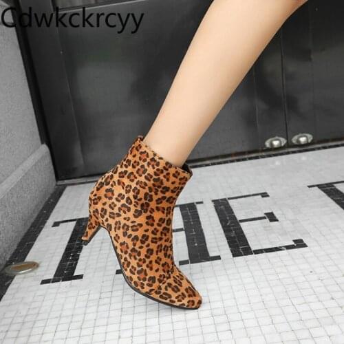 Winter The New fashion Pointed Fine heel Martin boots Leopard Sexy Plus velvet Keep warm High heel Women boots size 34-48