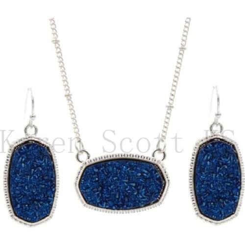 Oval Resin Druzy Drusy Pendant Necklace Hexagon Druse Charms Drop Earrings Color Fashion Jewelry Set Gift