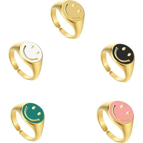 ROMAD 925 Sterling Silver Dripping Oil Rings For Women Black Green Enamel Smile Face Open Ring 2021 Trendy Jewelry Anillos Mujer