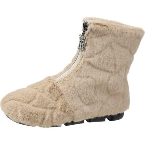 Winter Boots 2021 Furry Female Shoes Warm Snow Boots Mid-tube Boots Plus Velvet Womens Shoes Cotton Boots with Zipper