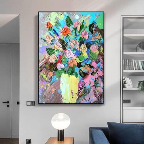 Texture Thick Vase Flower Handmade Oil Painting On Canvas Abstract Wall Art Home Wall Decoration Hand Painted Flower Pictures