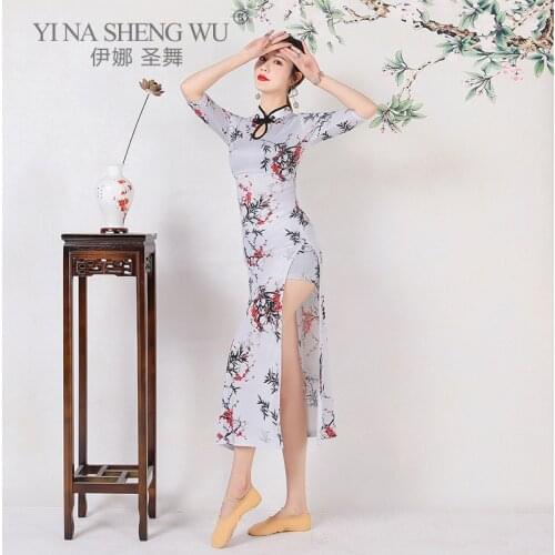 Chinese Traditional Cheongsam Women Classical Dance Practice Long Split Dress With Knot Button Flowy Folral Folk Dance Shirt