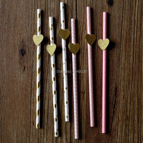 Heart glitter party pink and Glitter Gold heart Straws Wedding Engagement