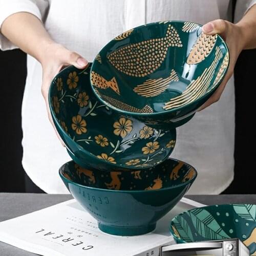 Japanese Relief Pattern Tableware Commercial Bamboo Hat Ceramic Bowl, Household Large Ramen, Rice, Noodles, Soup Bowl