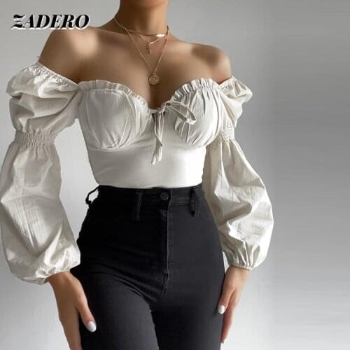 Puff Sleeve Blouses Women 2021 Sexy V Neck Ruched Tie Up Elastic 2 Layers White Crop Top Sweet Pullover Slim Fit Fashion Elegant