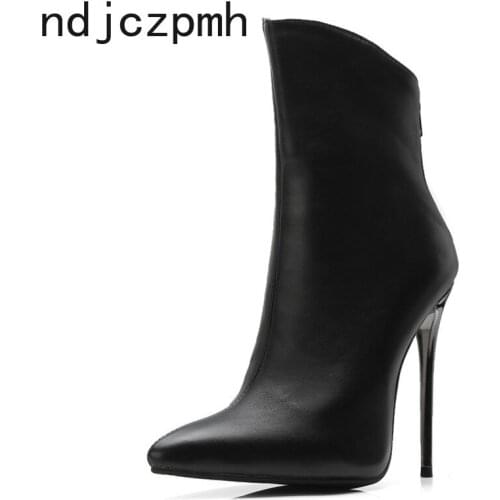 The New Women Shoes Winter Fashion Pointed Zipper Fine Heel High Heel Heel Height 12cm Black White Womens Boots Plus Size 34-48